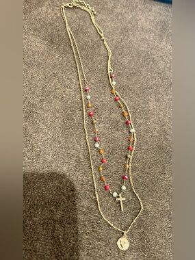 Layered Gold Necklace with Multicolor Beads and Cross Pendant